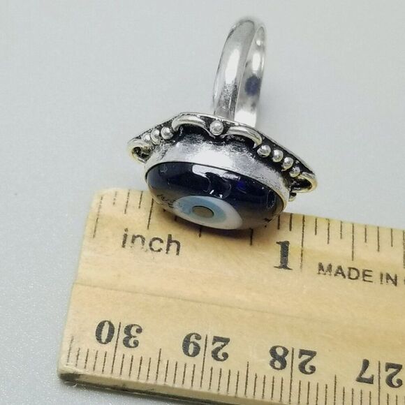 Vintage Evil Eye Blue Glass Oval Cabochon Ring, Bezel Silver Tone Size 8.5 Band - Picture 6 of 9